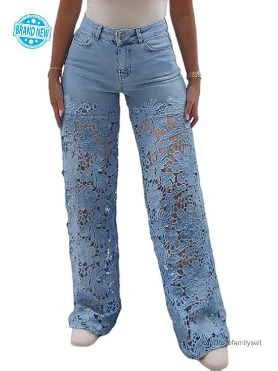 Denim - High Waist Wide Leg Jeans with Lace Spliced Floral Detail Stretchy Zipper